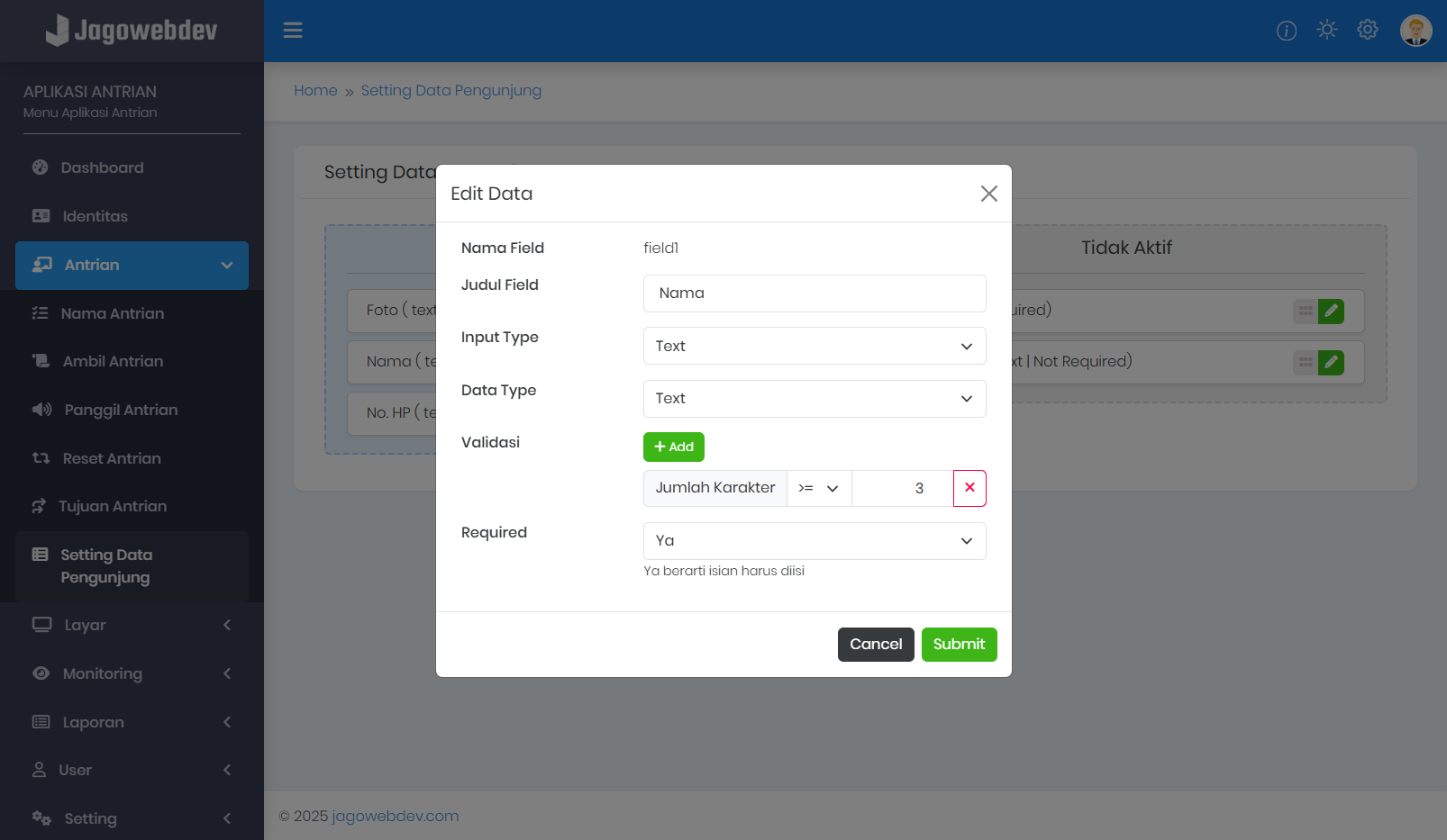Popup Pengaturan Input Data Pengunjung